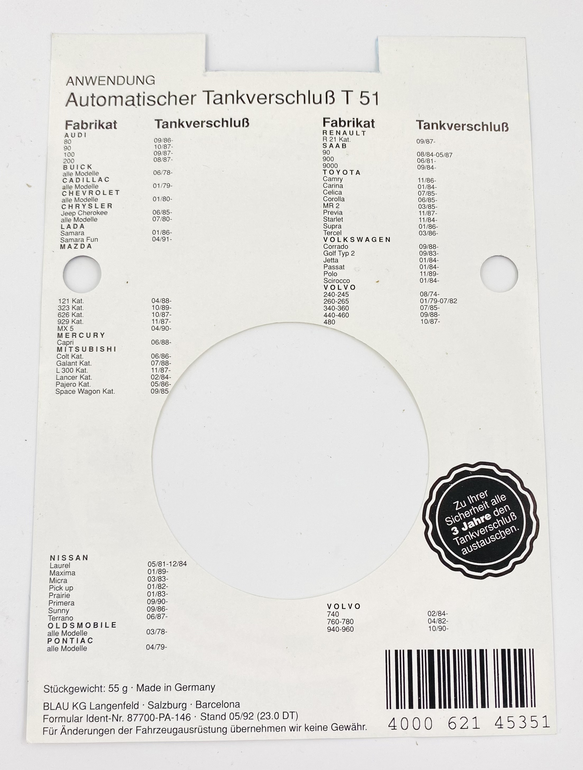 Blau Tankverschluss T51