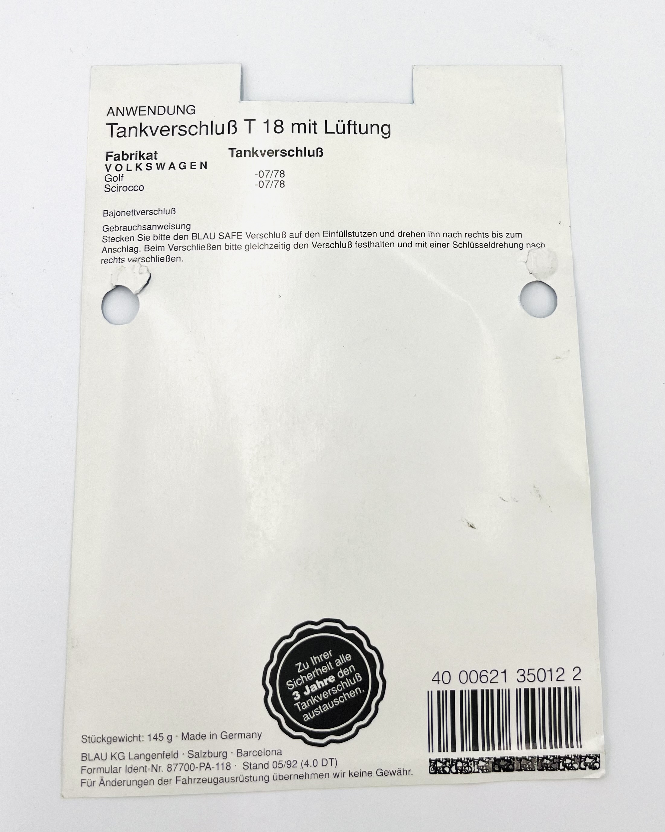 Blau Tankverschluss T18