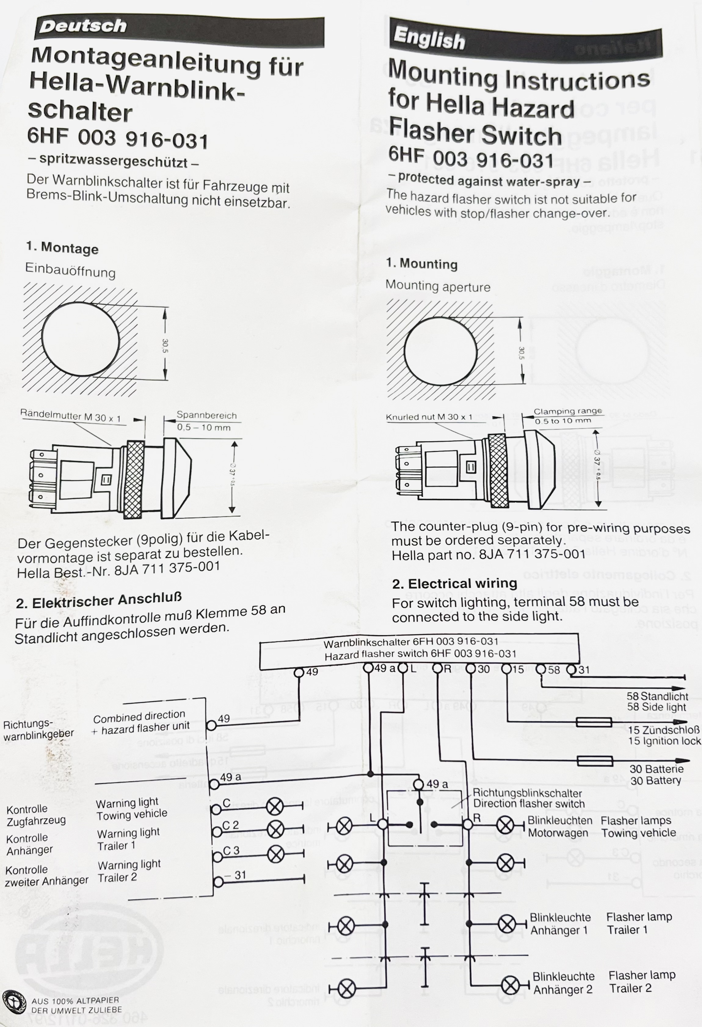 Hella Warnblinkschalter - 6HF003916-031 - MG12