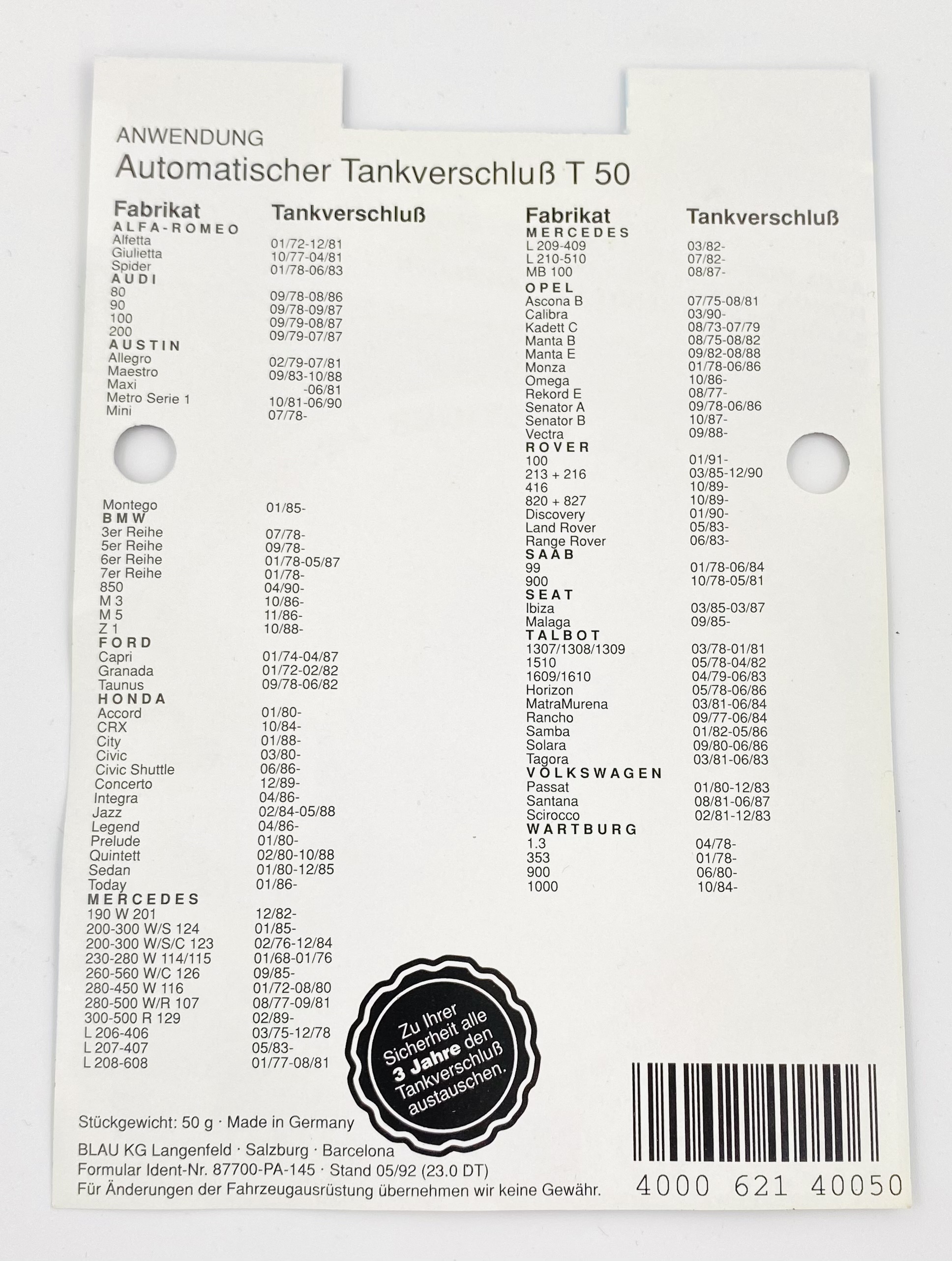 Blau Tankverschluss T50
